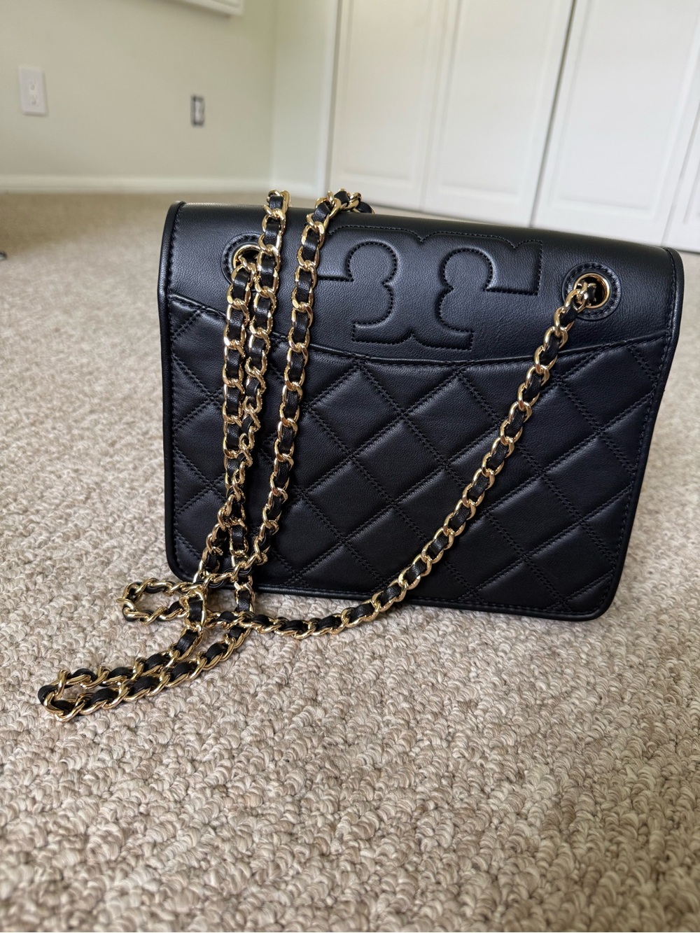 Tory Burch Savannah Black Quilted Leather Chain Shoulder Bag with Gold Hardware